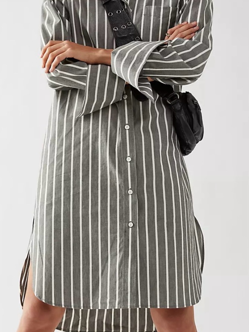 Free People Gray and White Striped Button-Front Shirt Dress
